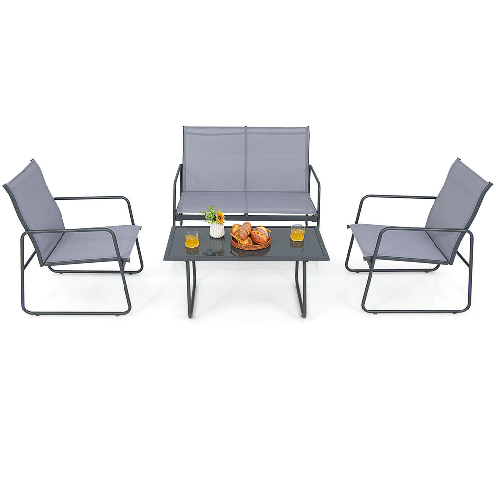 4-piece metal patio furniture chat set featuring a tempered glass coffee table, ideal for outdoor relaxation and.