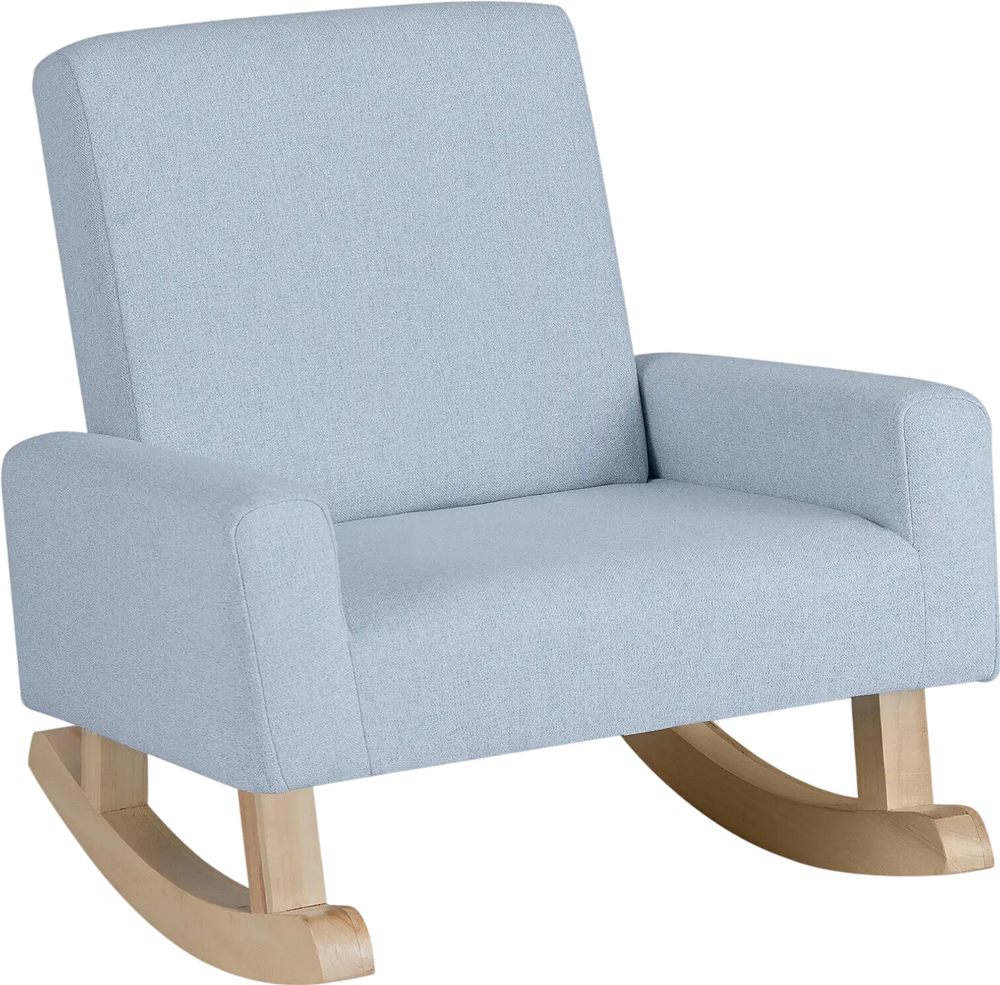 Kids rocking chair in blue with solid poplar legs, designed for ages 3-5, perfect for reading and relaxing.