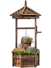 Rustic wooden wishing well planter with adjustable bucket, made from durable carbonized fir wood, perfect for garden.