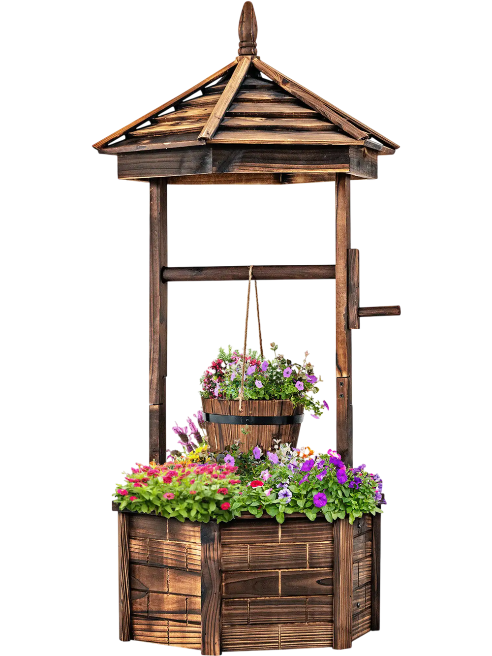 Rustic wooden wishing well planter with adjustable bucket, made from durable carbonized fir wood, perfect for garden.