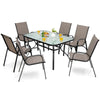 7-piece patio dining set featuring a tempered glass table and 6 stackable chairs, perfect for outdoor gatherings.