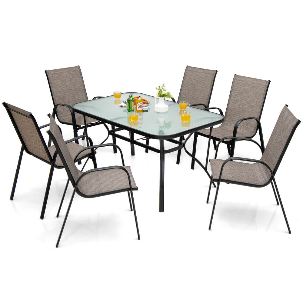 7-piece patio dining set featuring a tempered glass table and 6 stackable chairs, perfect for outdoor gatherings.