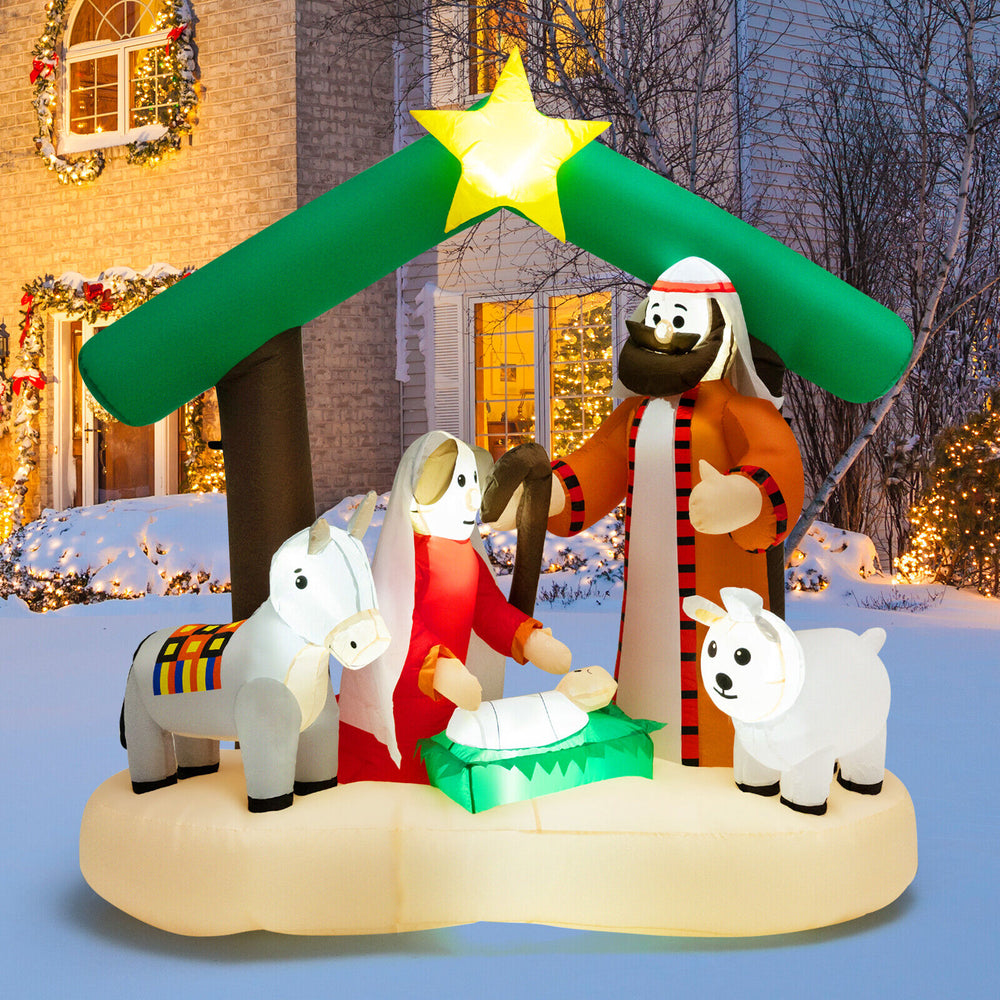 Inflatable 6.7 feet Christmas nativity scene with LED lights, featuring Mary, Joseph, and animals for outdoor holiday.