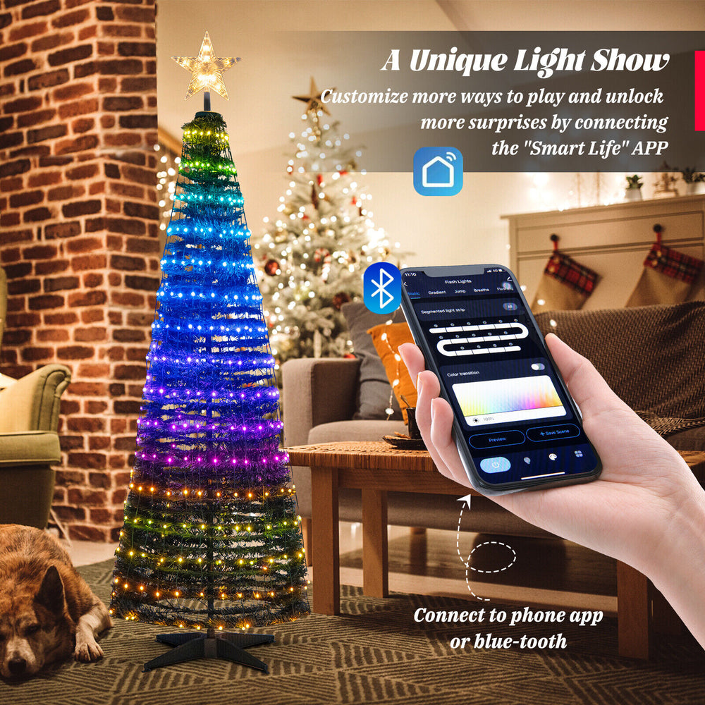 6.2 feet pop-up Christmas tree with 282 RGB LED lights, featuring smart app control for vibrant holiday displays.