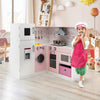 Corner play kitchen wooden toy set with sound and light, featuring a child chef and various kitchen appliances for.