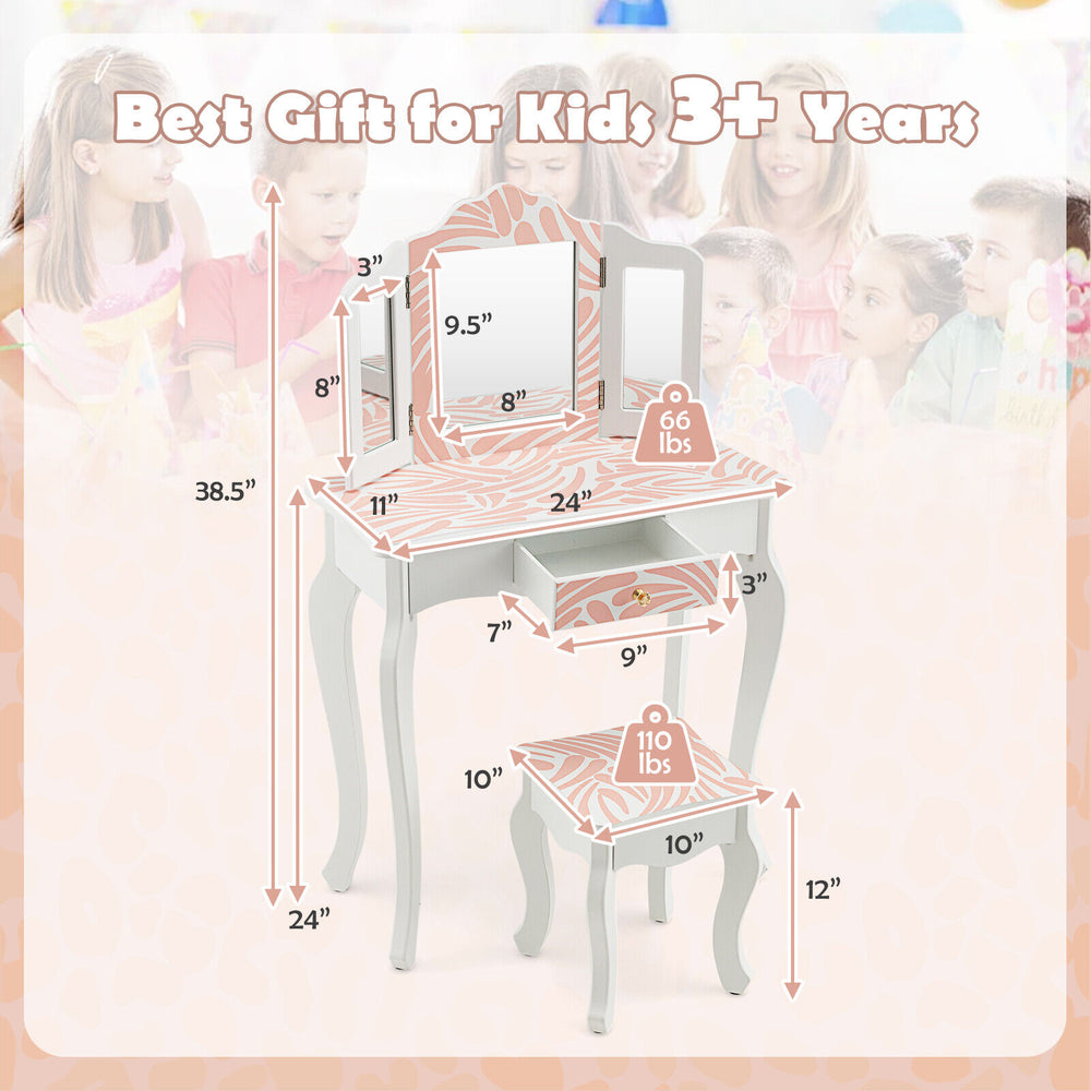 Kids vanity table set in pink with tri-folding mirror and large drawer, perfect for makeup or study, 2-in-1 design.
