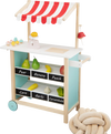 Kids wooden ice cream cart in red with chalkboard, storage shelves, and toy accessories for imaginative play.