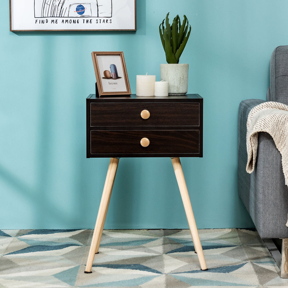 Mid Century Modern 2 Drawers Nightstand in Natural-Coffee - Gallery View 1 of 11