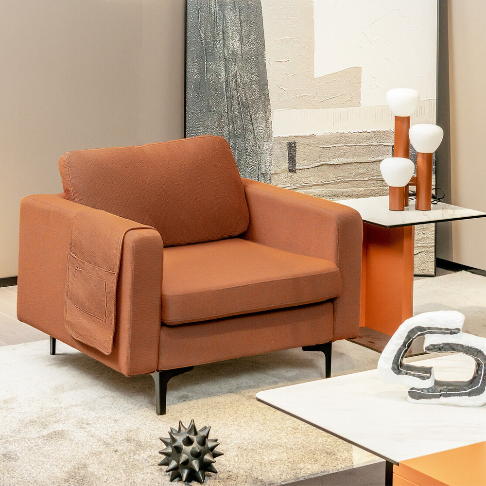 Modern orange accent armchair with side storage pocket, ergonomic design, and sturdy frame for versatile living spaces.