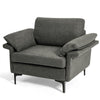 Gray modern fabric accent armchair showcasing a thickly padded seat and sloped backrest for enhanced comfort and style.