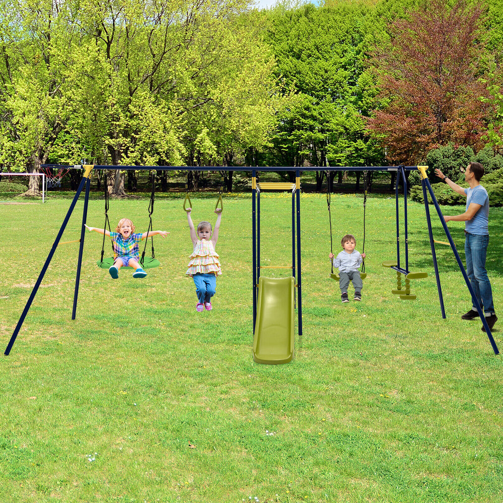 A-shaped outdoor swing set featuring gym rings, slide, and swings, ideal for backyard fun for kids aged 3-10 years.