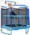 Kids 5ft 3-in-1 trampoline with blue enclosure net and adjustable horizontal bar for safe indoor play and exercise.