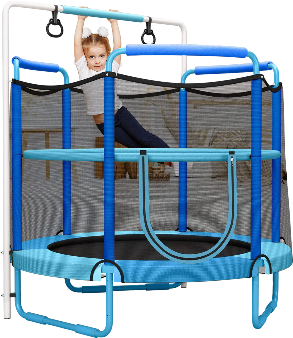 Kids 5ft 3-in-1 trampoline with blue enclosure net and adjustable horizontal bar for safe indoor play and exercise.