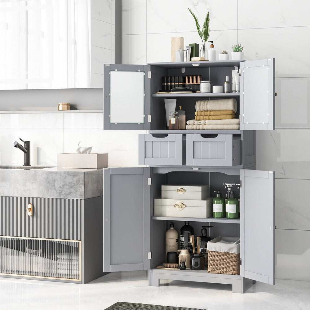 4 Door Freee-Standing Bathroom Cabinet with 2 Drawers and Glass Doors-Gray - Gallery View 1 of 10