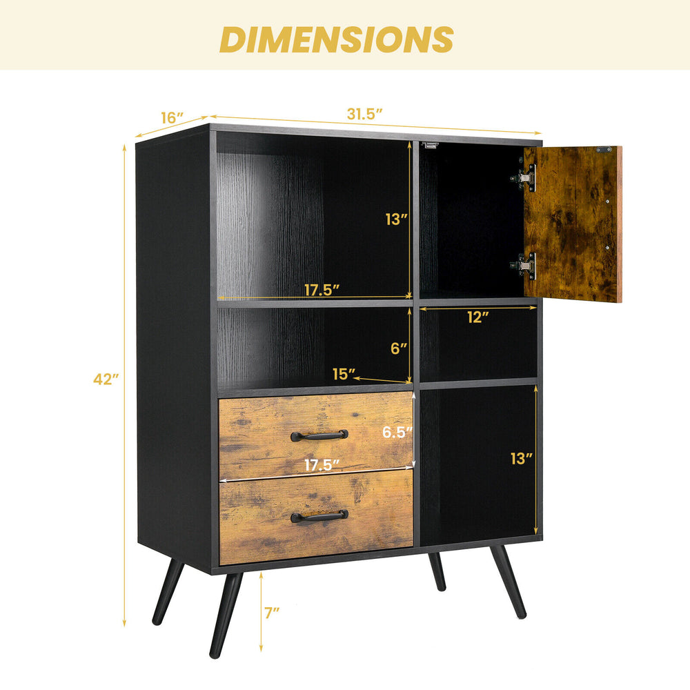 Industrial buffet sideboard with dimensions, featuring rustic brown drawers and cubbies for kitchen storage.