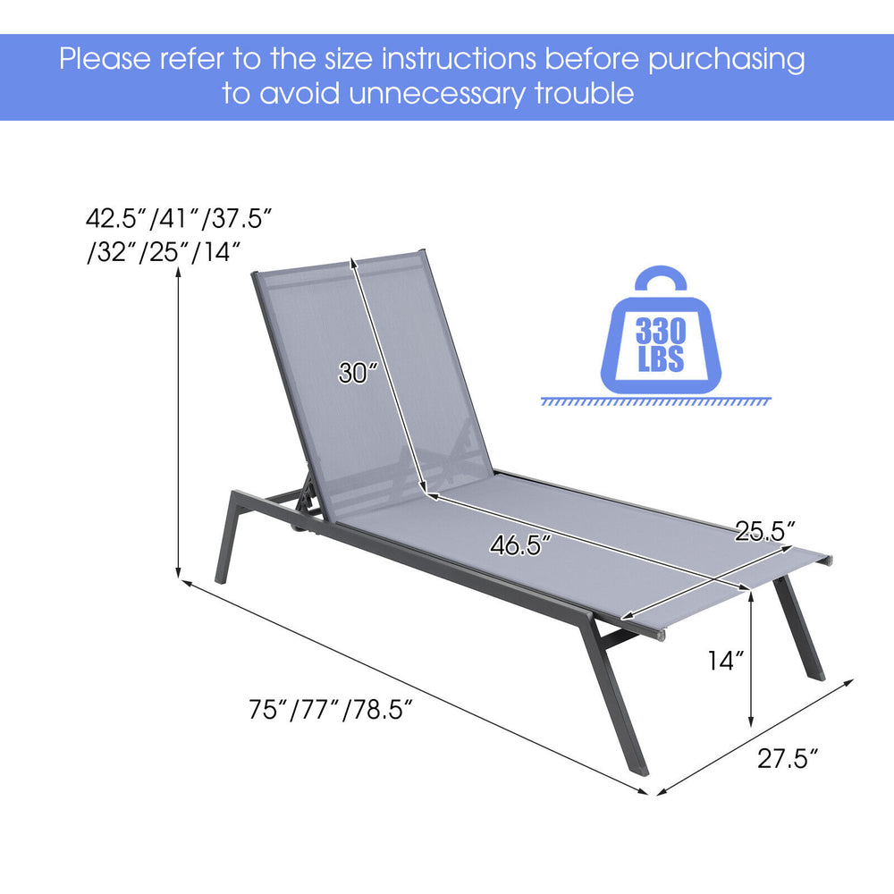 Adjustable chaise lounge chair dimensions with a sturdy steel frame, suitable for outdoor use by the pool or patio.