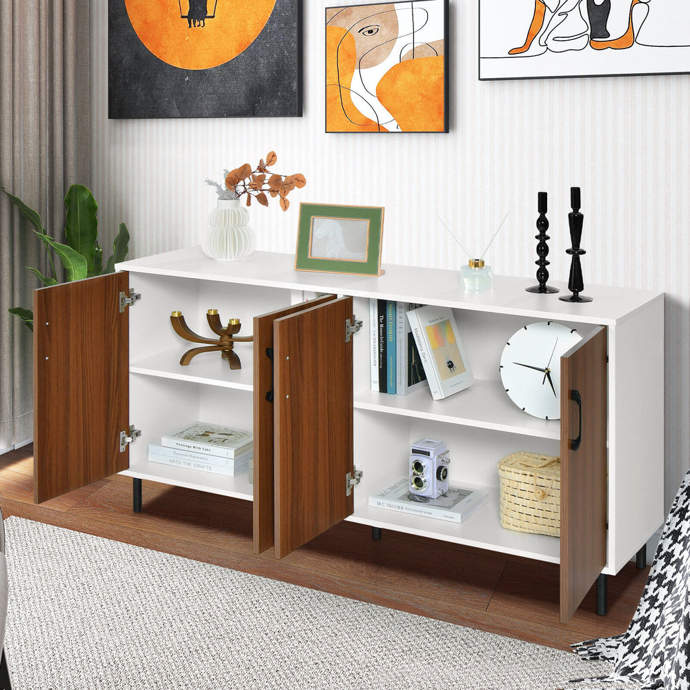 4-door kitchen buffet sideboard in white with wooden accents, featuring spacious storage compartments for kitchen.