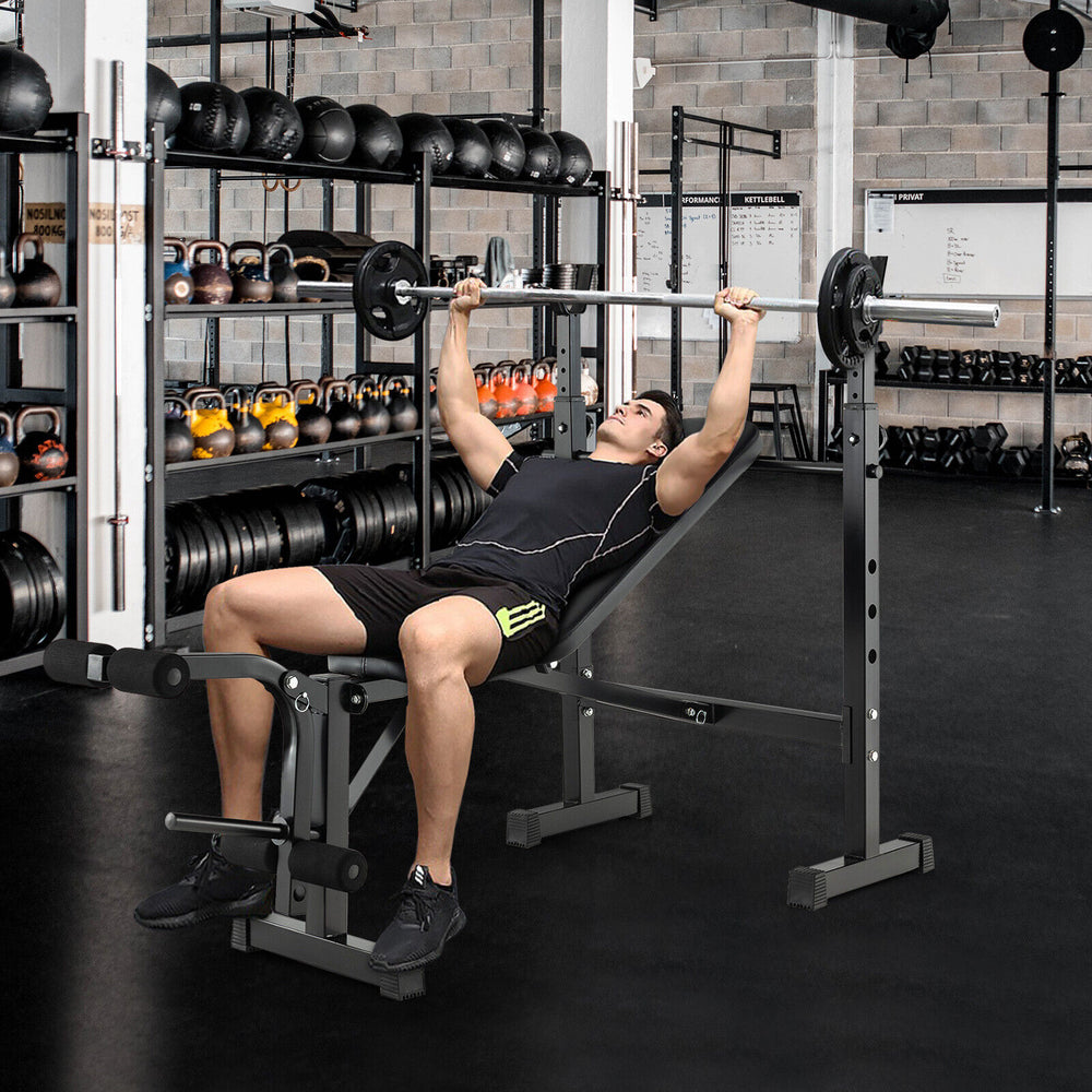 Adjustable weight bench with barbell rack set, featuring heavy-duty metal structure and foam padding for comfort during.