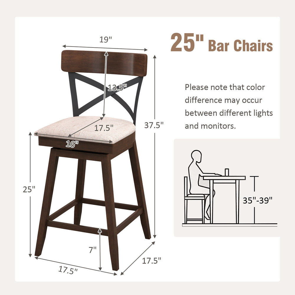 25-inch wooden swivel bar stool with cushioned seat and open X back, ideal for kitchen islands and home bars.