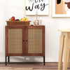 Walnut kitchen sideboard with 2 rattan doors, adjustable shelf, and metal legs, ideal for dining or entryway storage.