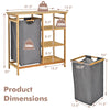 Bamboo laundry hamper stand with removable bag and 3-tier shelves, ideal for organizing laundry and bathroom essentials.