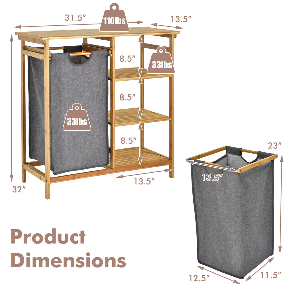 Bamboo laundry hamper stand with removable bag and 3-tier shelves, ideal for organizing laundry and bathroom essentials.