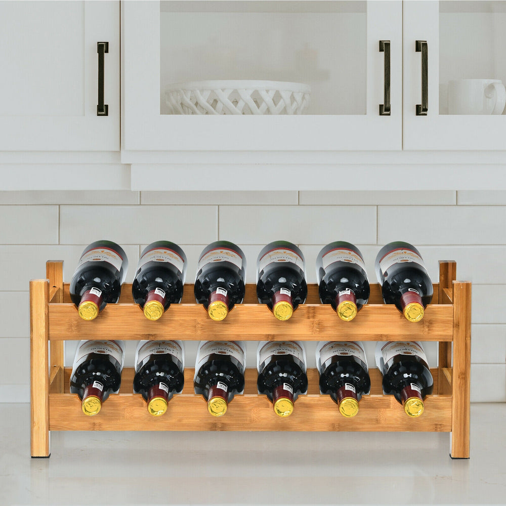 Bamboo 2-tier wine rack holding 12 bottles, designed for elegant storage in kitchens or wine cellars.