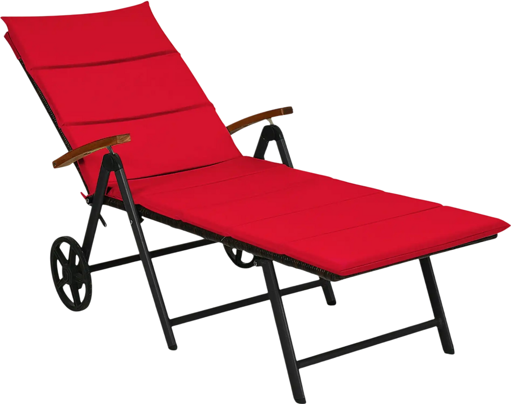 Red folding patio rattan lounge chair with wheels, adjustable backrest, ideal for outdoor relaxation by the pool or.