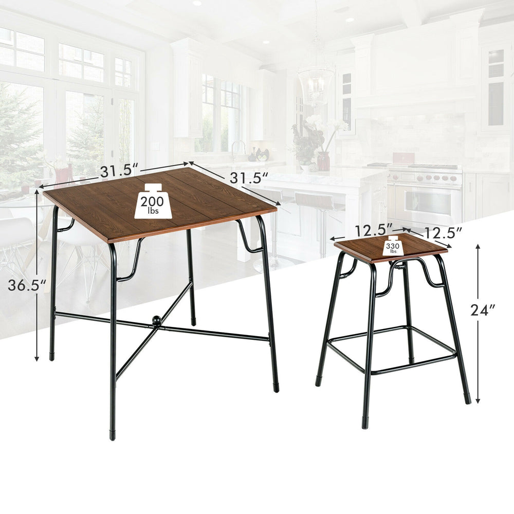 Square bar table set with 4 backless stools in rustic brown, featuring sturdy MDF and steel construction for dining.