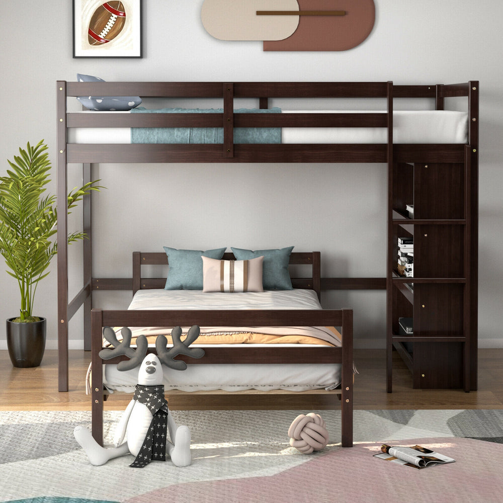 Twin over twin loft bunk bed in dark brown with a 4-layer bookcase, perfect for small rooms and extra sleeping space.