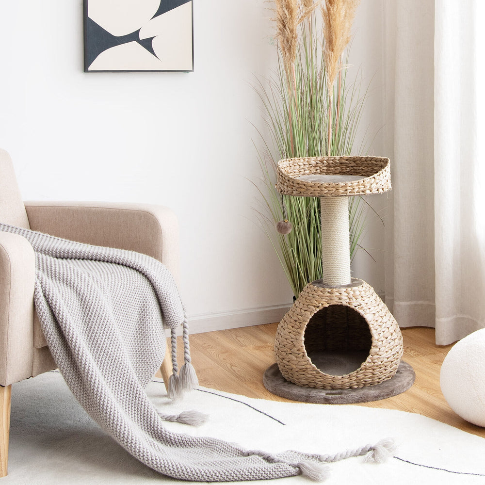 Hand-made 28-inch cat tree tower in coffee color, featuring a water hyacinth design and detachable soft cushions for.