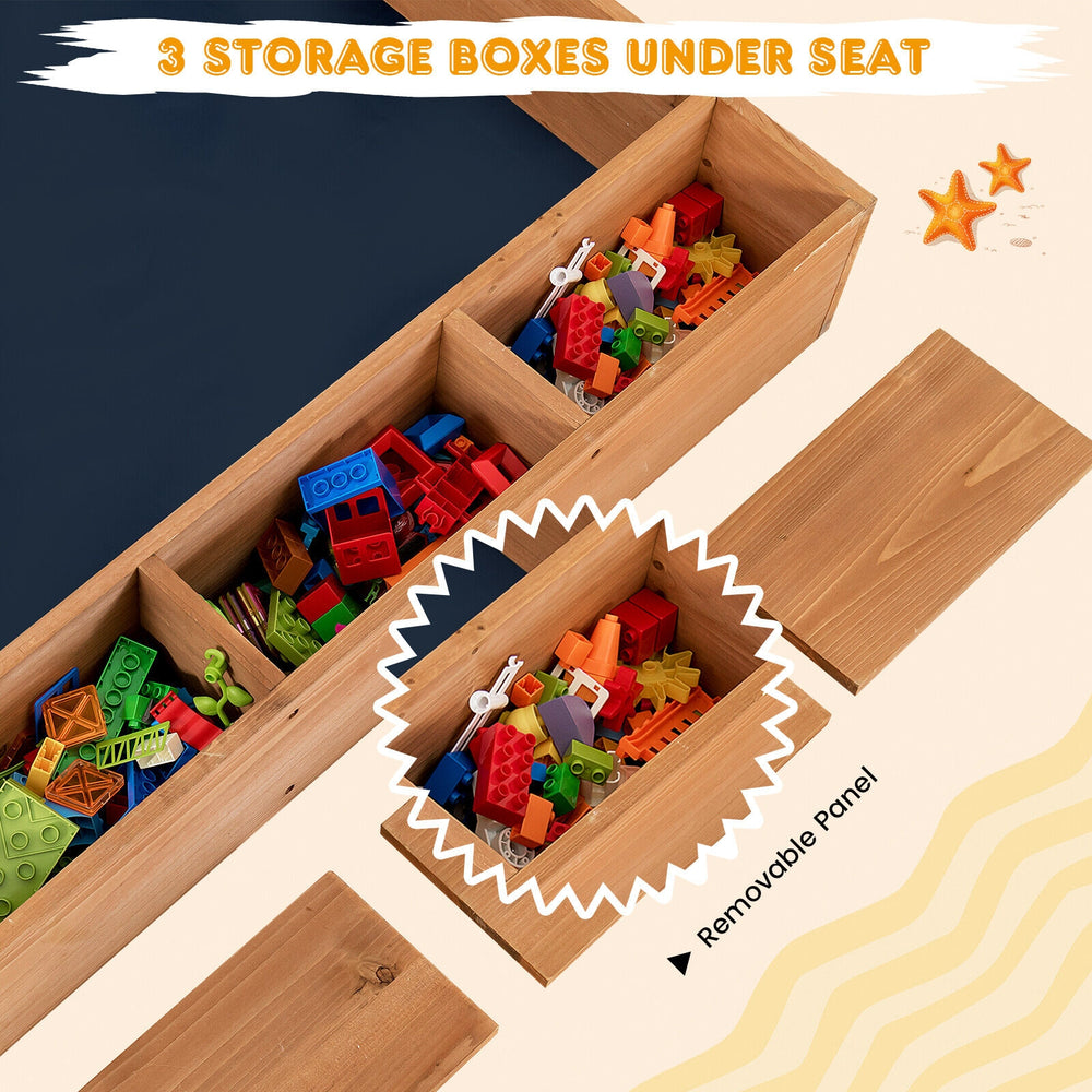 Kids wooden square sandbox featuring three storage boxes under the seat for organizing sand toys and tools.