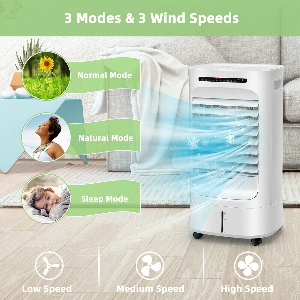 Portable evaporative air cooler in white with 3 modes and 3 speeds for customized cooling and humidification.