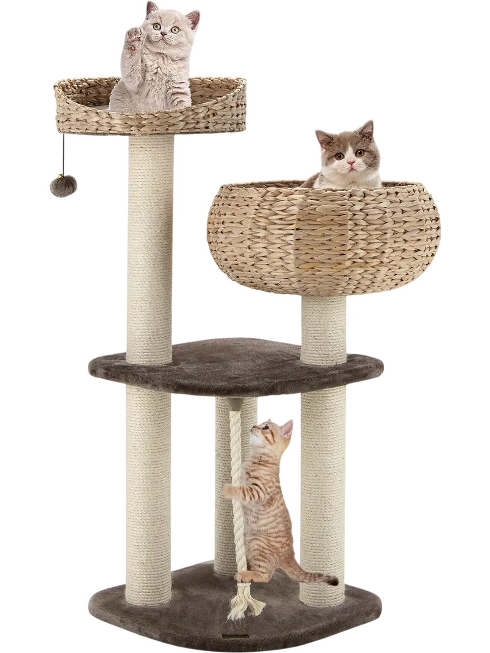 41-inch rattan cat tree featuring high basket beds, sisal posts, and soft cushions for comfortable lounging and.