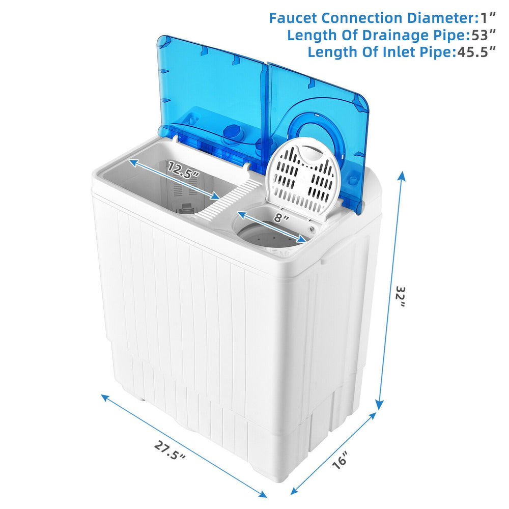 Portable semi-automatic twin tub washing machine with blue lid, 18 lbs washer and 8 lbs spinner, ideal for small spaces.