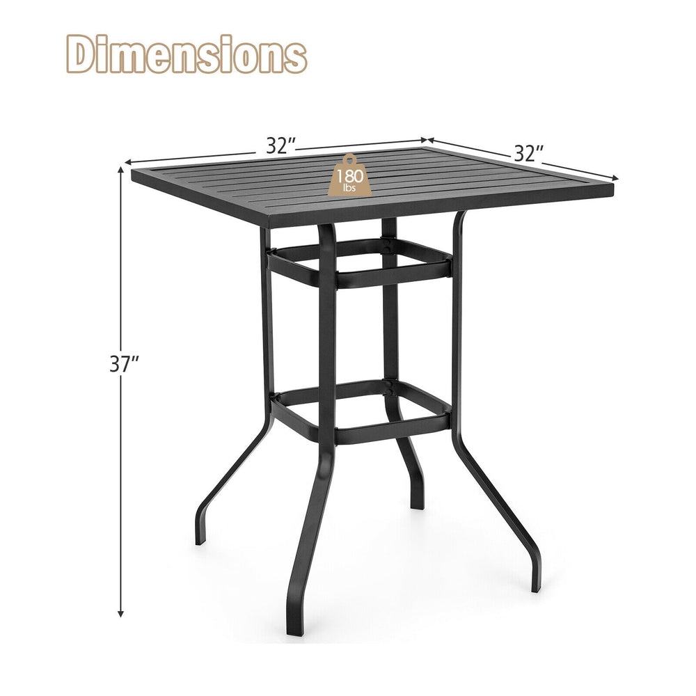 32-inch outdoor steel square bar table with a powder-coated tabletop, featuring a sturdy design and 180 lbs load.