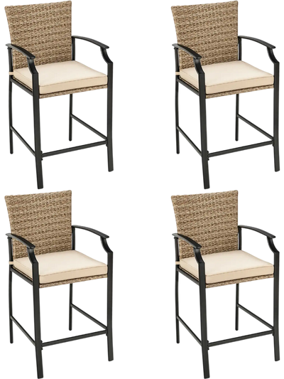 Costway Patio Rattan Bar Stools Set of 4 Soft Cushions 86750419 New