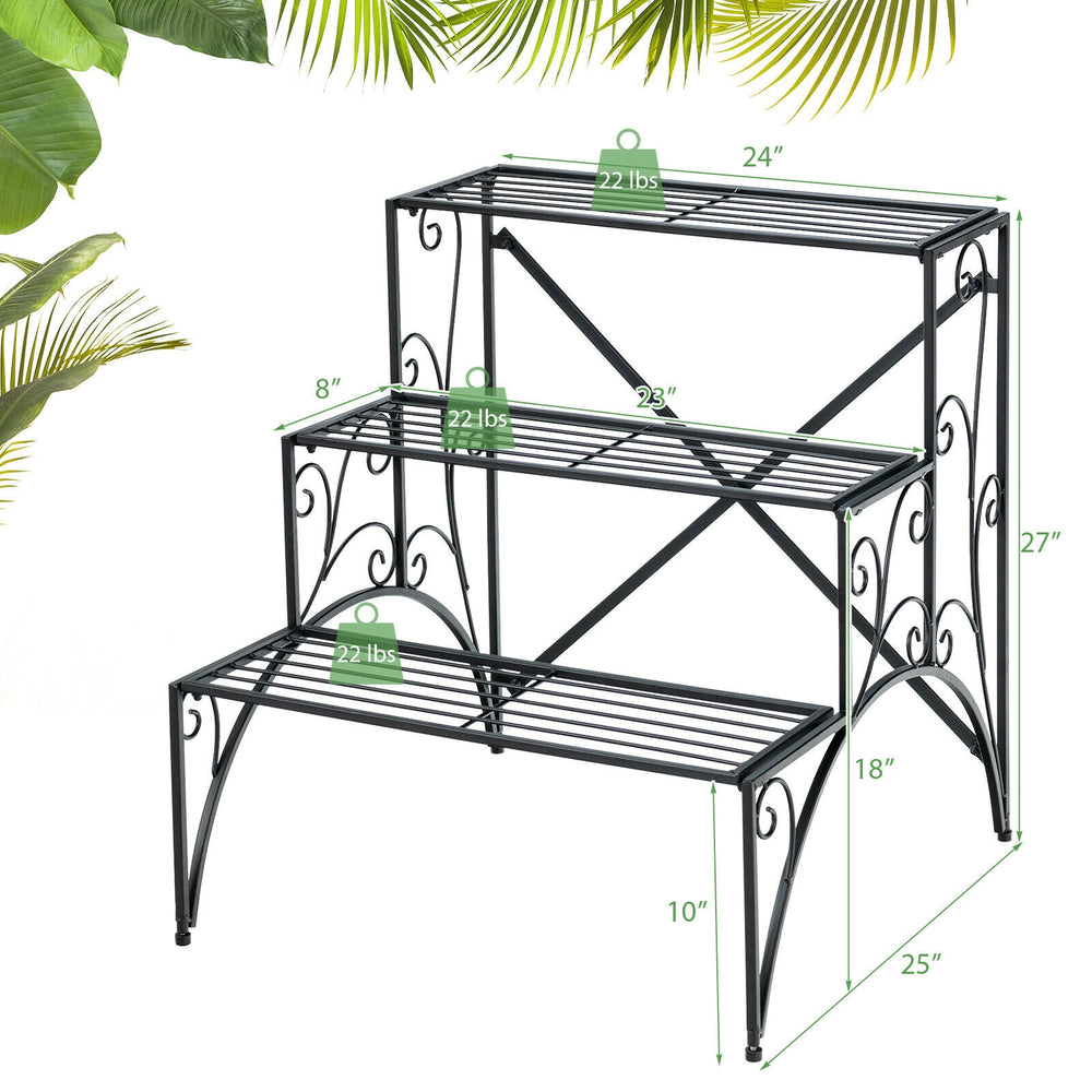 Three-tier black metal plant stand with widened grid shelves for porch or garden, offering ample storage and drainage.