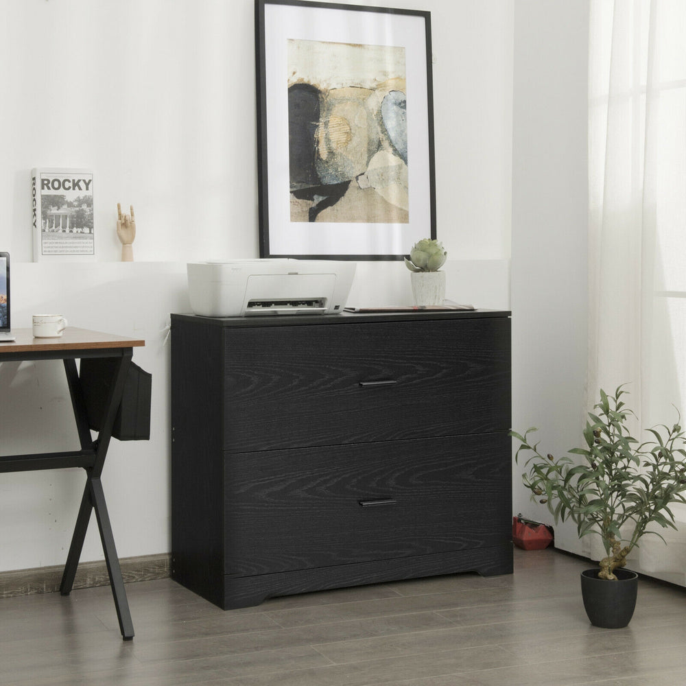 Black 2-drawer lateral file cabinet with adjustable bars, ideal for home office storage and organization.