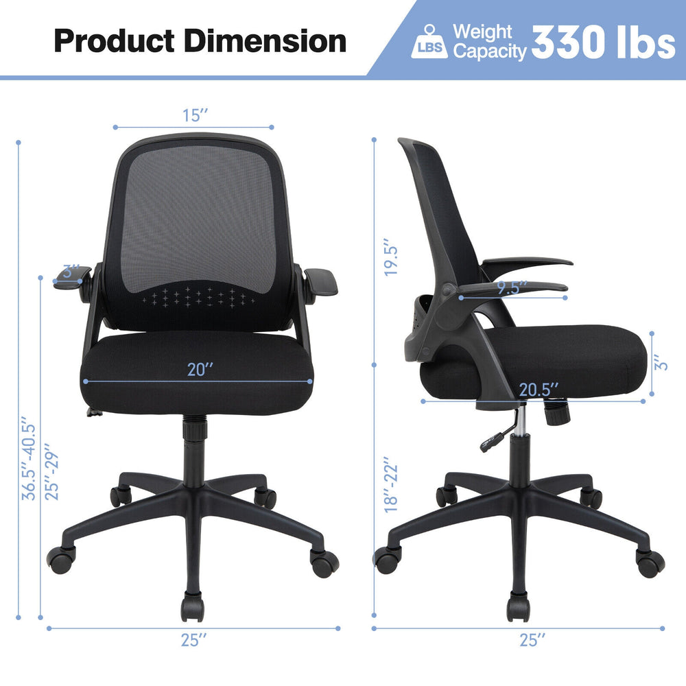 Adjustable mesh office chair with flip-up armrests, ergonomic backrest, and 330 lbs weight capacity for comfortable.