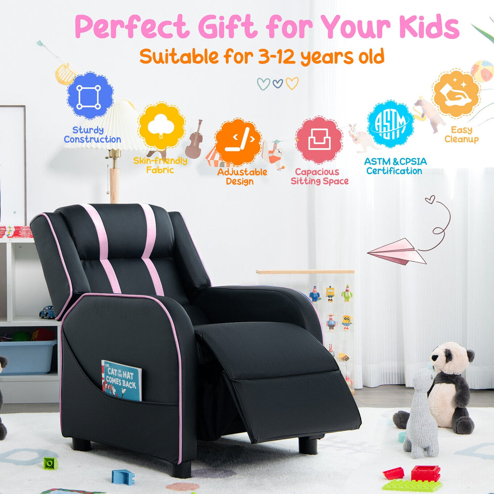 Kids recliner chair in pink with adjustable backrest, footrest, and side pockets for comfortable play and relaxation.