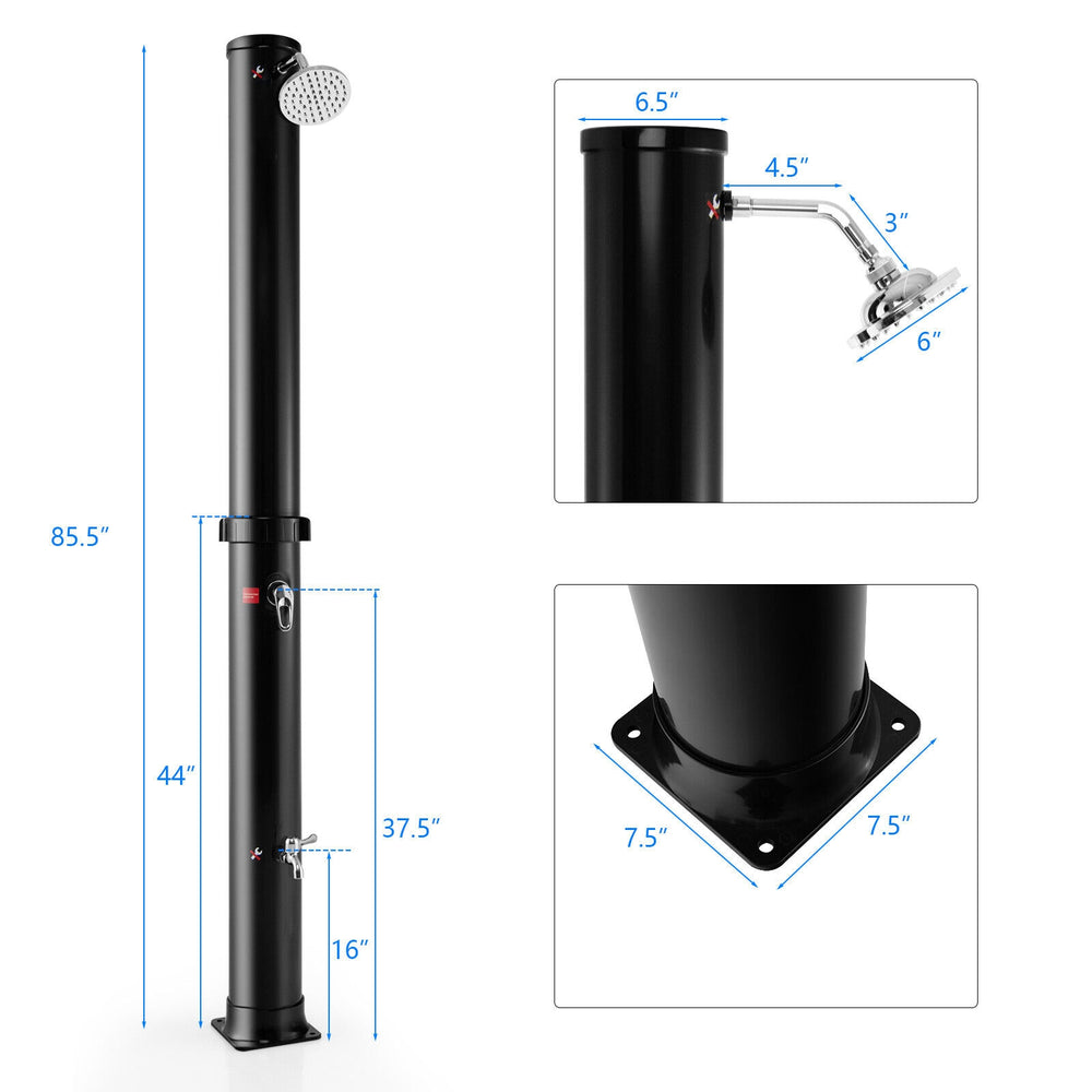 Solar-heated outdoor shower in black, featuring a 360° rotating shower head and foot tap for convenient washing.