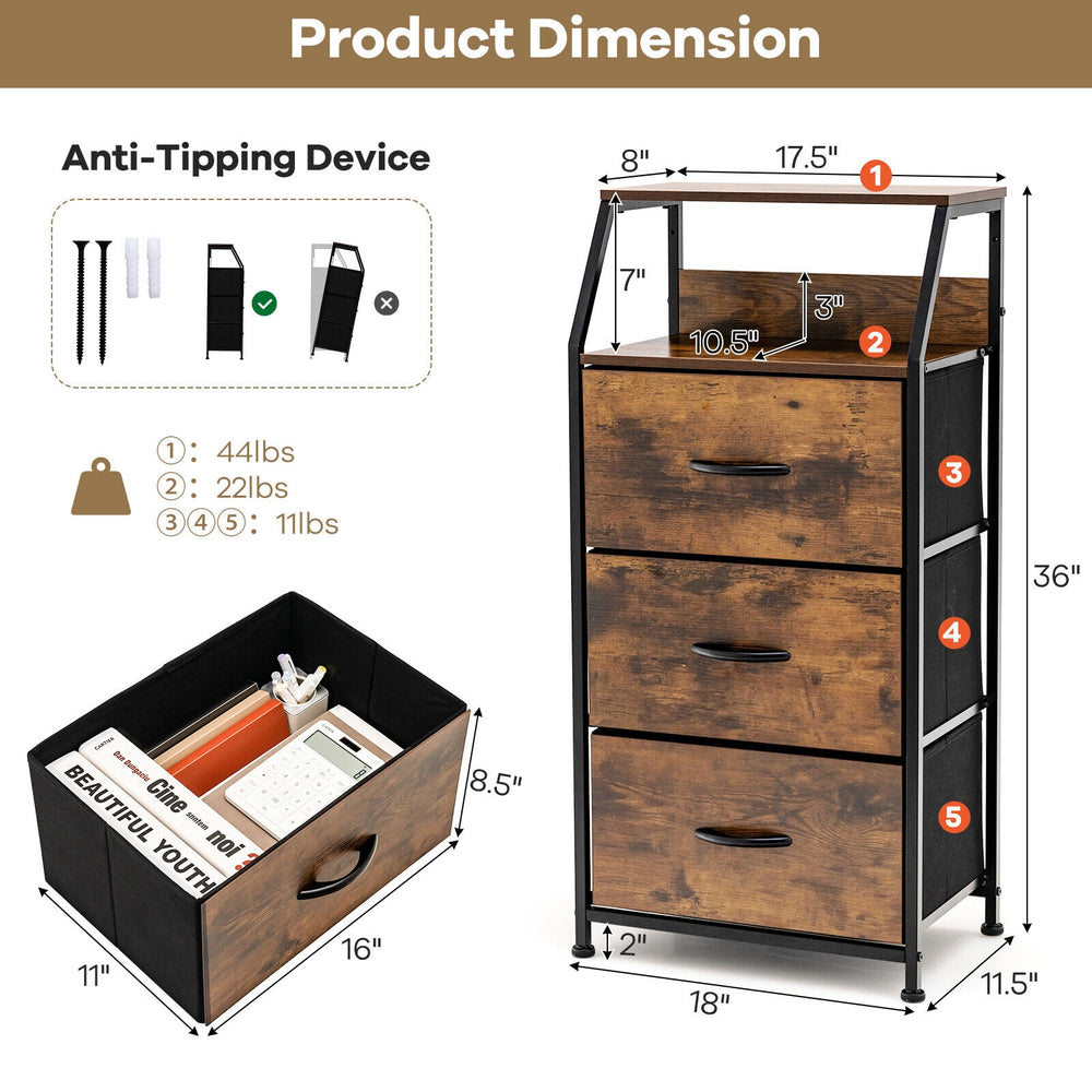 Freestanding cabinet dresser with wooden top, featuring 3 large drawers and 2-layer shelf for versatile storage.