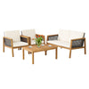 4-piece patio furniture set featuring acacia wood and removable white cushions, perfect for outdoor relaxation.
