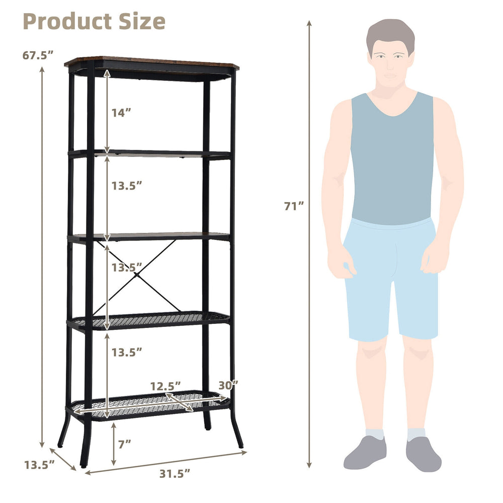 Industrial 5-layer bookshelf with rustic brown finish, featuring adjustable foot pads and anti-toppling device for.