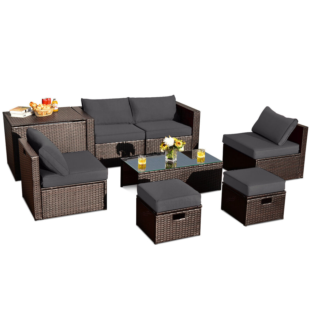 8 Pieces Patio Space-Saving Rattan Furniture Set with Storage Box and Waterproof Cover-Gray - Gallery View 1 of 8
