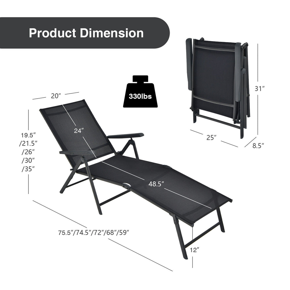 Foldable chaise lounge chair in black with adjustable backrest and footrest, perfect for outdoor relaxation.