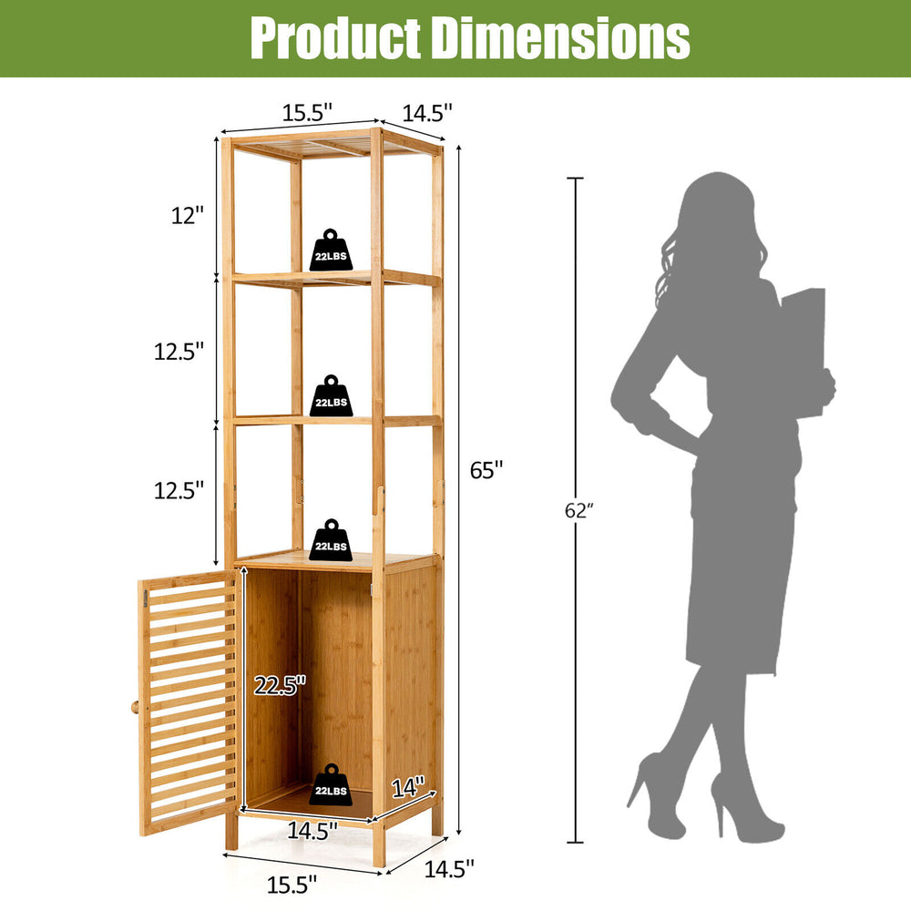Slim bamboo floor storage cabinet with four shelves and shutter door, ideal for compact bathroom or living room.