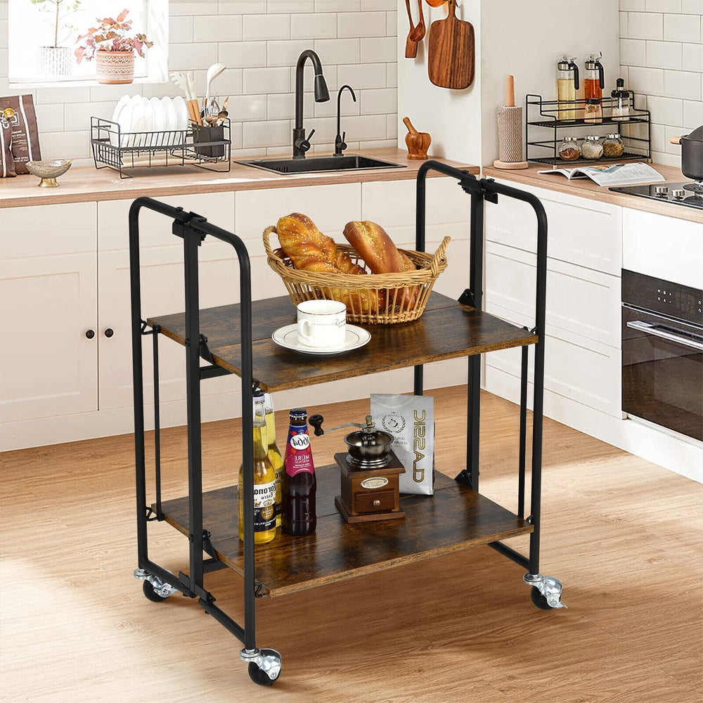 Folding rolling cart with a heavy-duty metal frame, showcasing rustic wood shelves, perfect for kitchen organization on.