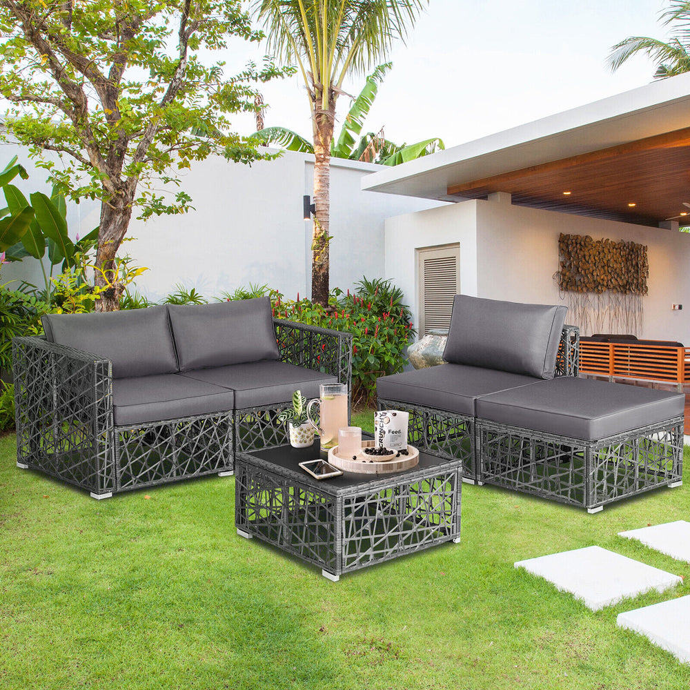 5-piece patio PE rattan wicker sofa set in gray with soft cushions and tempered glass coffee table for outdoor.